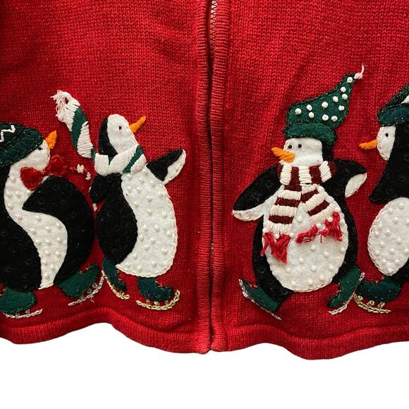 Ice Skating Penguins M Sweater Zip Front Ugly Christmas Sweater CARLY ST. CLAIRE - Picture 2 of 13